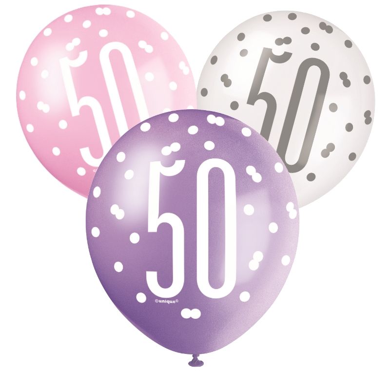 Pink and Silver 50th Birthday Latex Balloons Pack of 6 | Party Save Smile