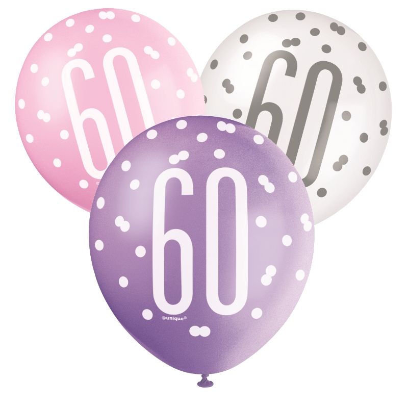 Pink and Silver 60th Birthday Latex Balloons Pack of 6 | Party Save Smile