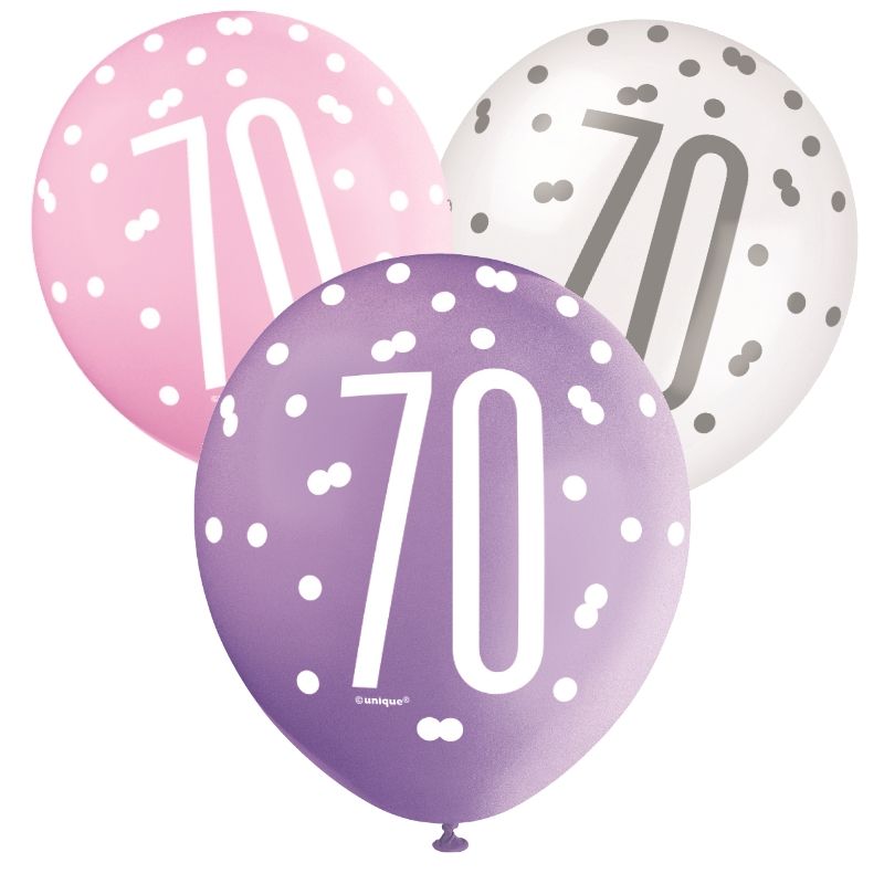 Pink and Silver 70th Birthday Latex Balloons Pack of 6 | Party Save Smile