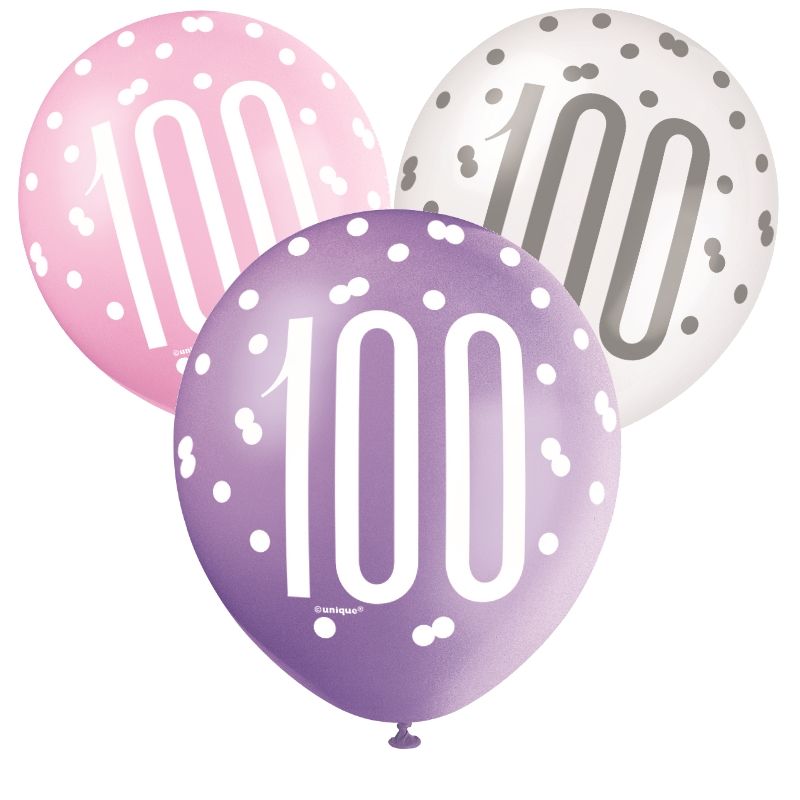 Pink & Silver 100th Birthday Latex Balloons Pack of 6 | Party Save Smile