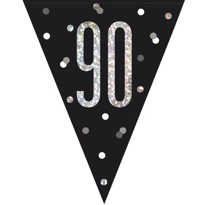 90th Birthday Bunting Black and Silver 2.7 Metres | Party Save Smile