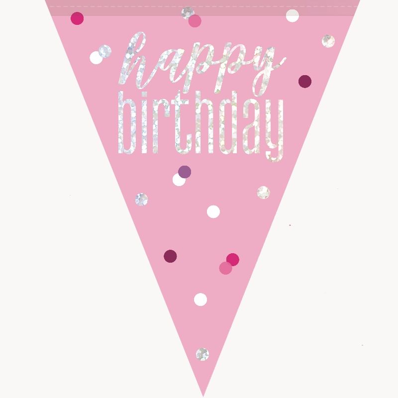 Happy Birthday Bunting Pink and Silver 2.7 Metres | Party Save Smile