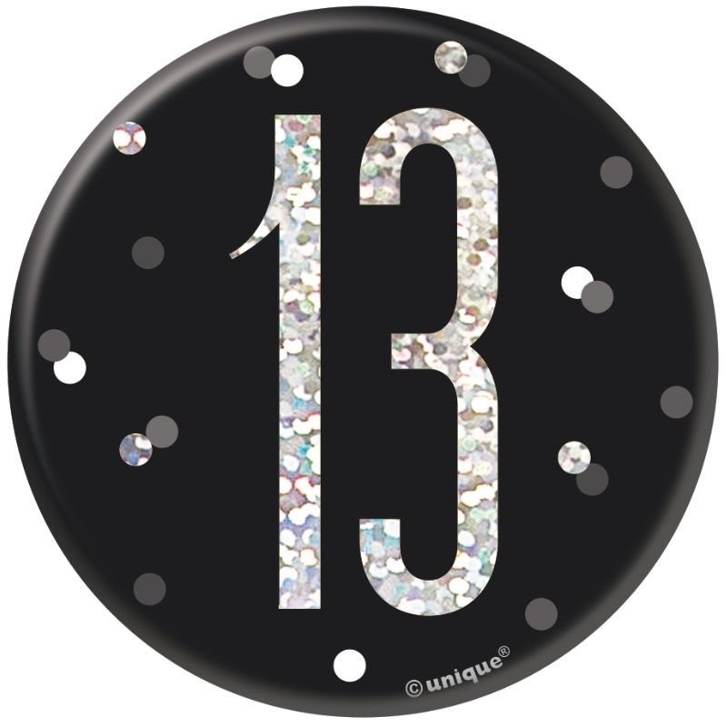 Black and Silver Holographic 13th Birthday Badge | Party Save Smile