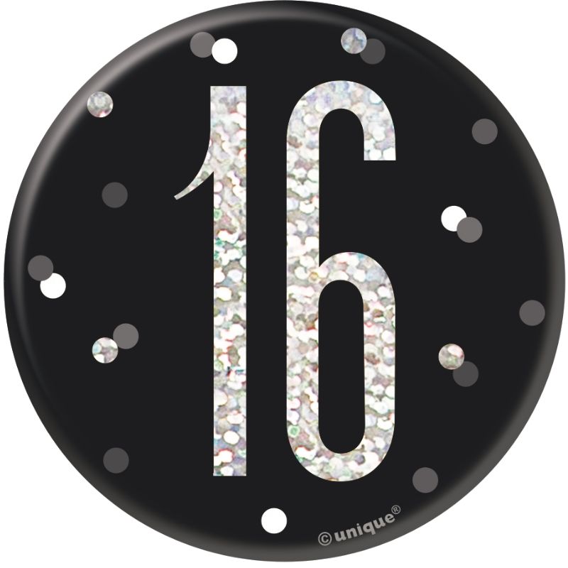 Black and Silver Holographic 16th Birthday Badge | Party Save Smile