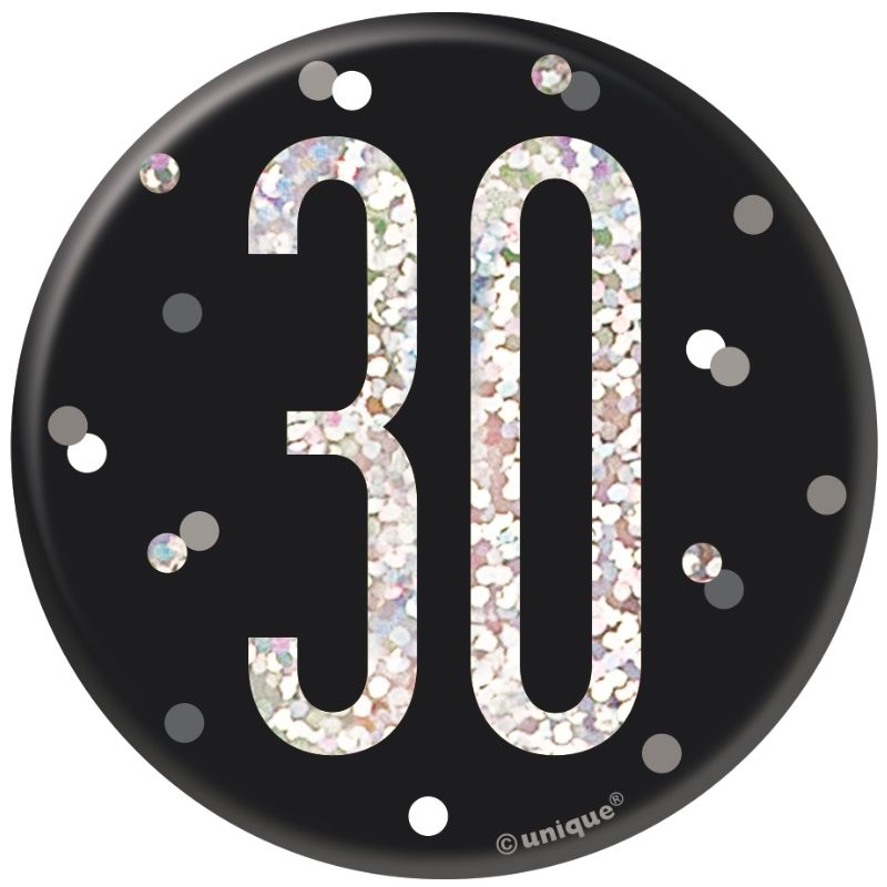 Black and Silver Holographic 30th Birthday Badge | Party Save Smile