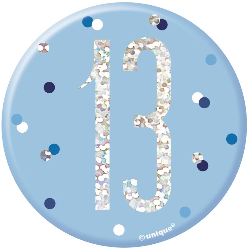 Blue and Silver Holographic 13th Birthday Badge | Party Save Smile