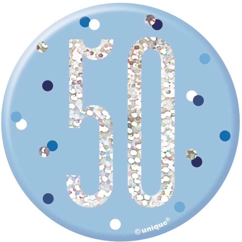 Blue and Silver Holographic 50th Birthday Badge | Party Save Smile