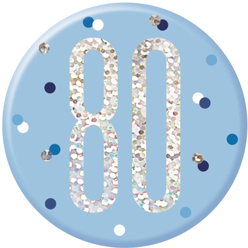 Blue and Silver Holographic 80th Birthday Badge 7cm | Party Save Smile