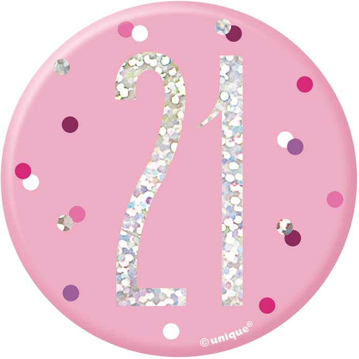 Pink and Silver Holographic 21st Birthday Badge | Party Save Smile