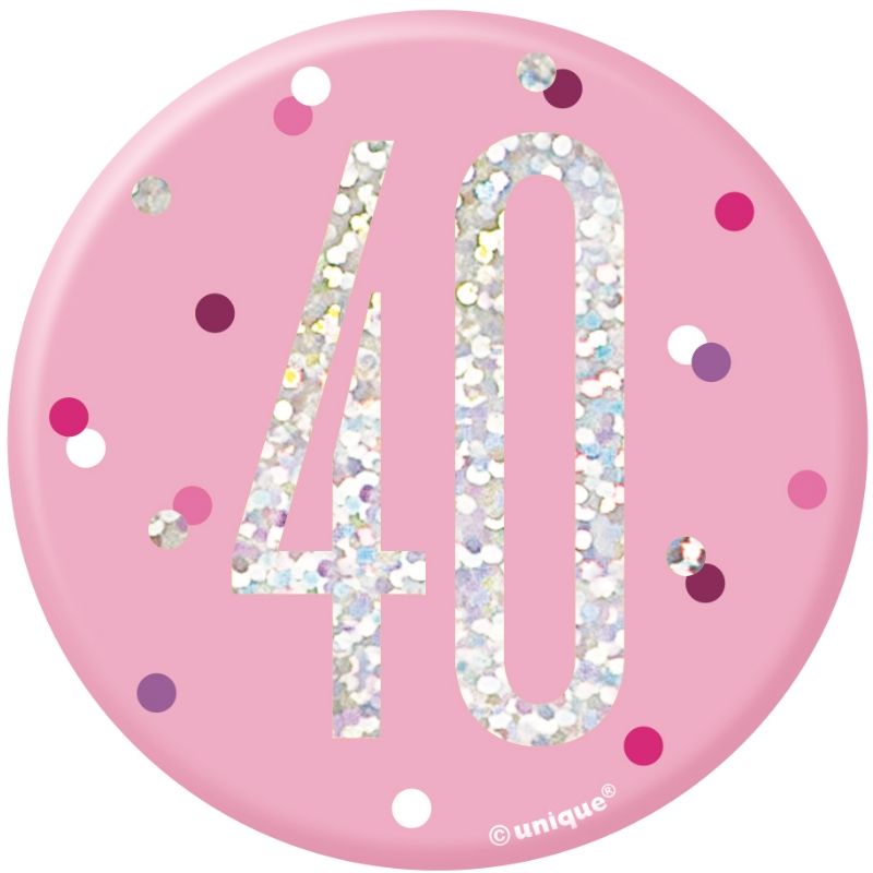 Pink and Silver Holographic 40th Birthday Badge | Party Save Smile