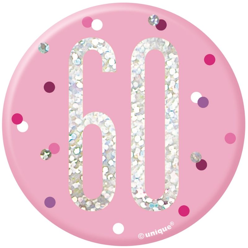 Pink and Silver Holographic 60th Birthday Badge | Party Save Smile