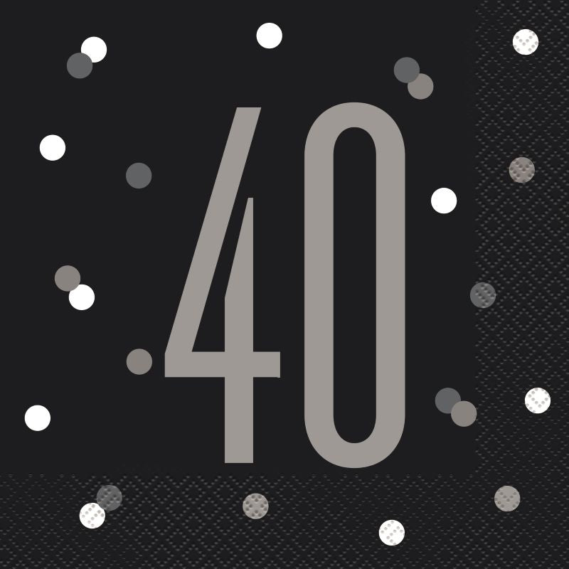 Black and Silver 40th Birthday Napkins Pack of 16 Serviettes | Party Save Smile