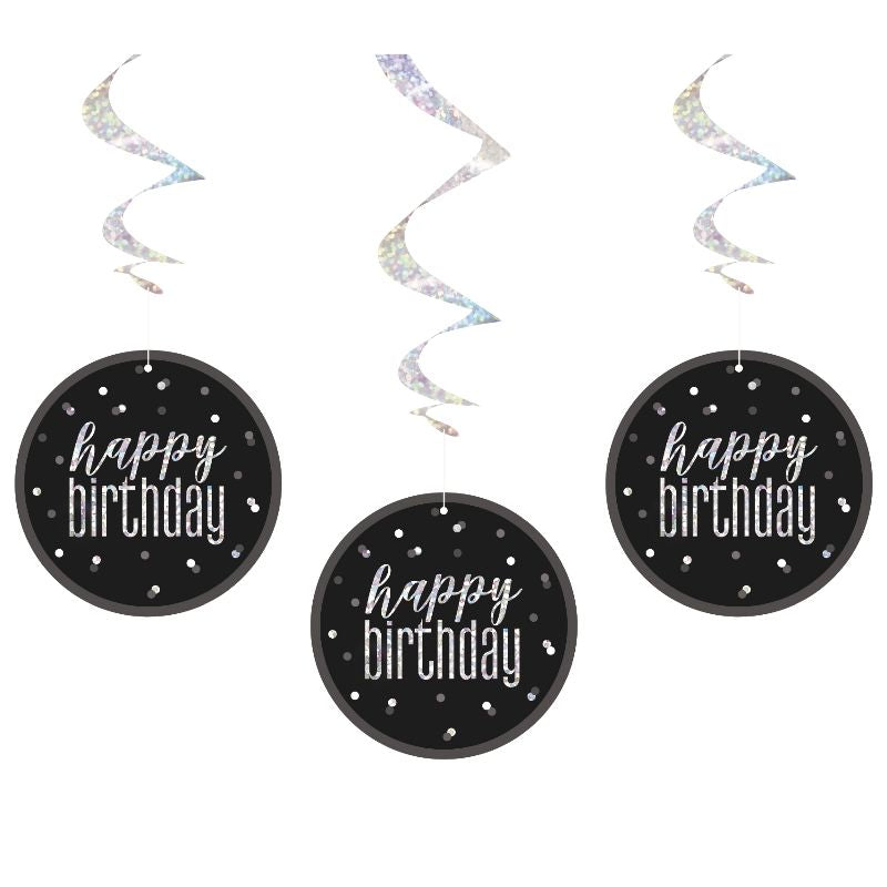 Black & Silver Happy Birthday Hanging Decorations Pack of 6 | Party Save Smile