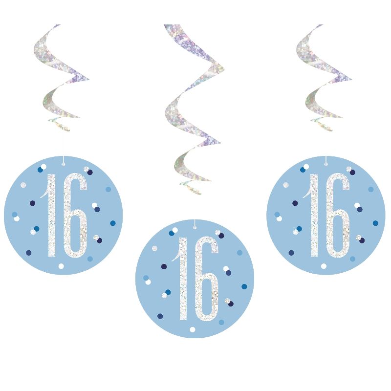 Blue & Silver 16th Birthday Hanging Decorations Pack of 6 | Party Save Smile