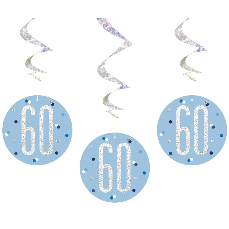 Blue and Silver 60th Birthday Hanging Decorations Pack of 6 | Party Save Smile