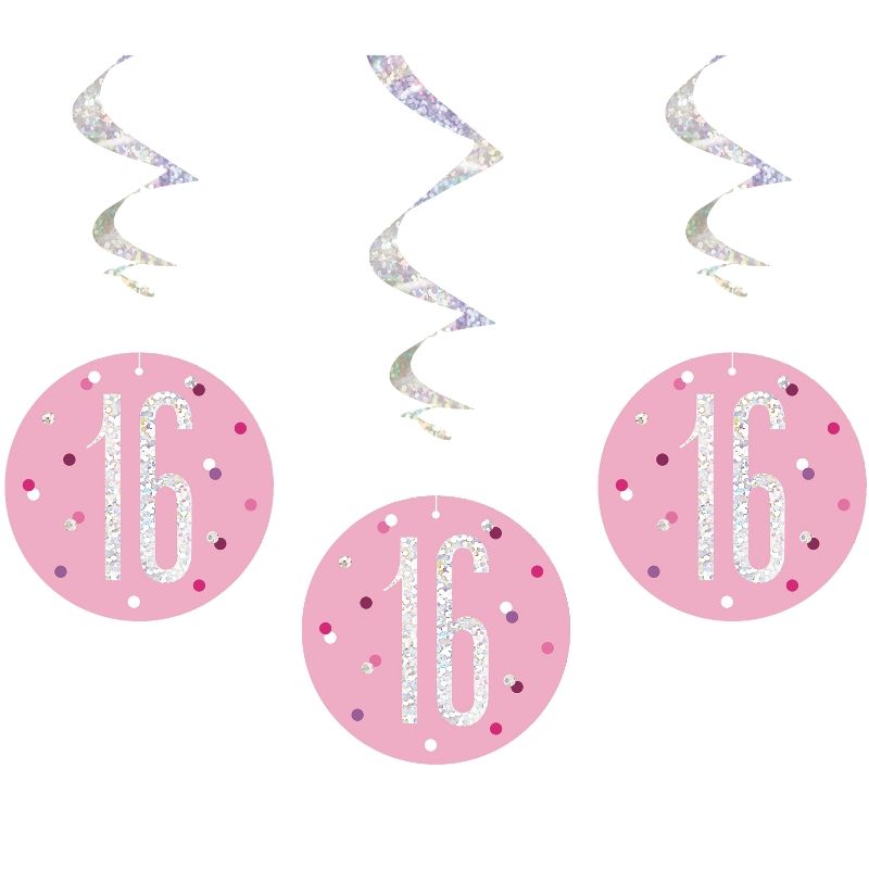 Pink & Silver 16th Birthday Hanging Decorations Pack of 6 | Party Save Smile