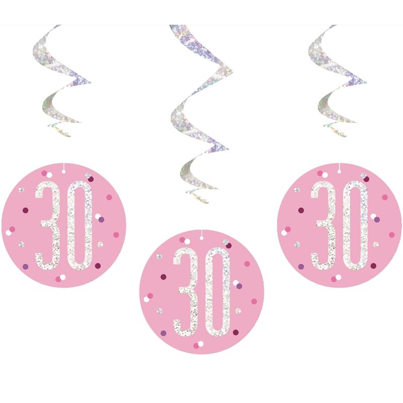 Pink & Silver 30th Birthday Hanging Decorations Pack of 6 | Party Save Smile