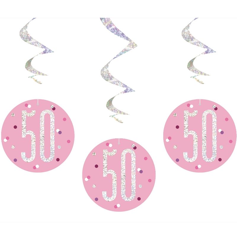 Pink Silver 50th Birthday Hanging Decorations Pack of 6 | Party Save Smile