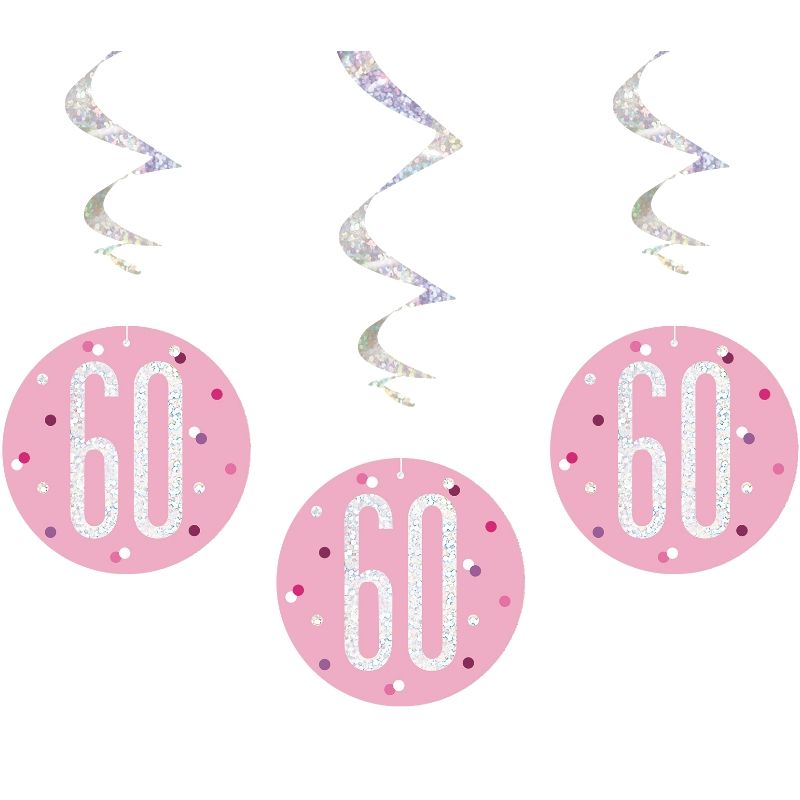 Pink Silver 60th Birthday Hanging Decorations Pack of 6 | Party Save Smile
