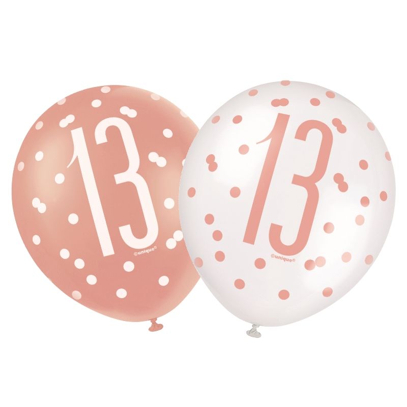 Rose Gold Glitz 13th Birthday Party Latex Balloons Pack of 6 | Party Save Smile