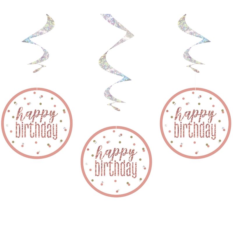 Rose Gold Birthday Hanging Decorations Pack of 6 | Party Save Smile