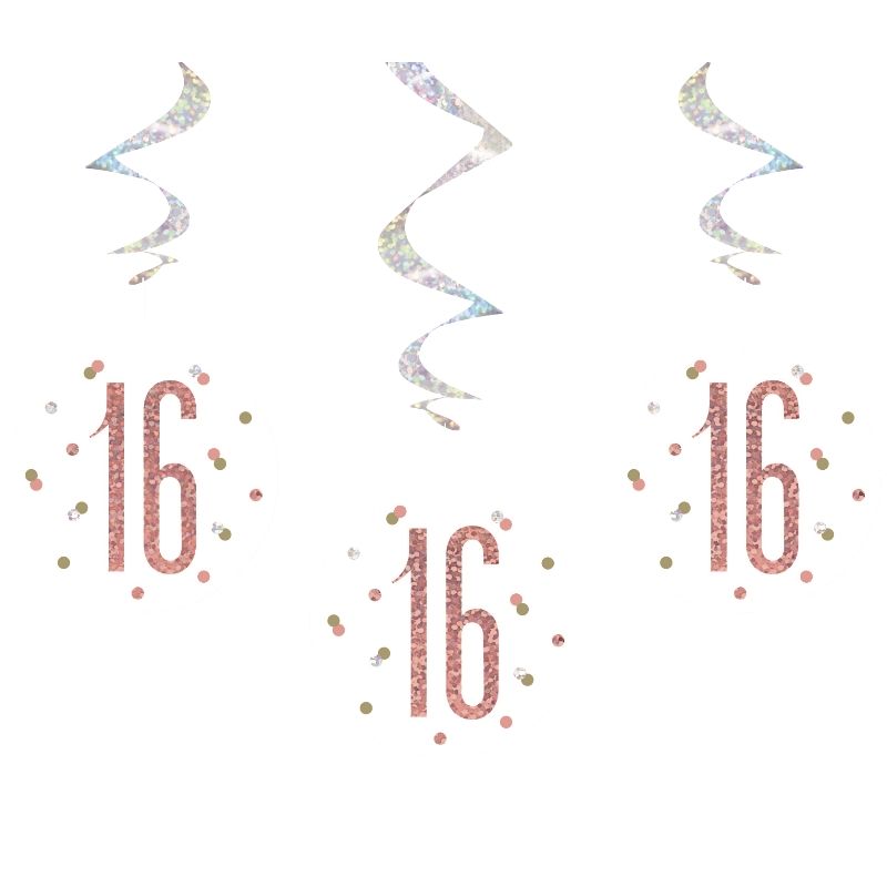 Rose Gold 16th Birthday Hanging Decorations Pack of 6 | Party Save Smile