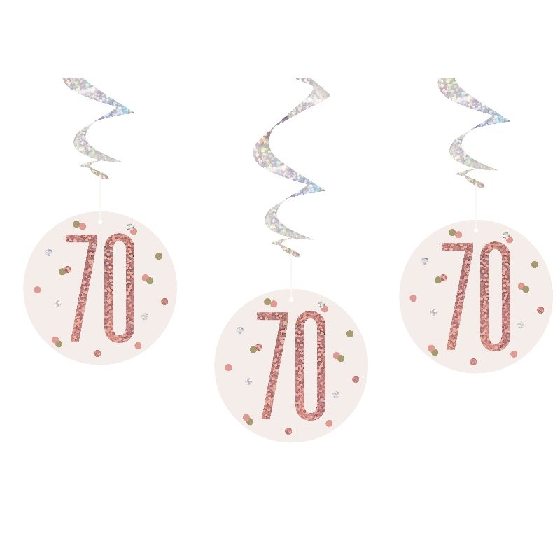 Rose Gold 70th Birthday Hanging Swirl Party Pack of 6 | Party Save Smile