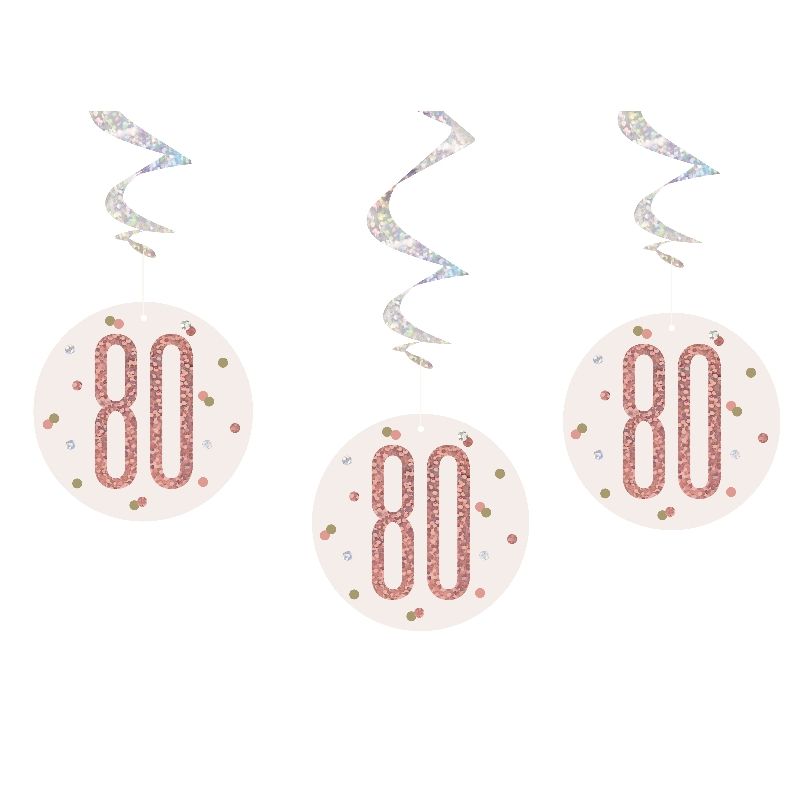 Rose Gold 80th Birthday Hanging Swirl Party Pack of 6 | Party Save Smile