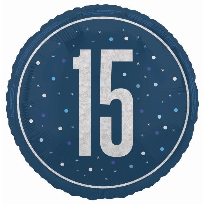 Navy Blue and Silver 15th Birthday Foil Balloon 18 Inches | Party Save Smile