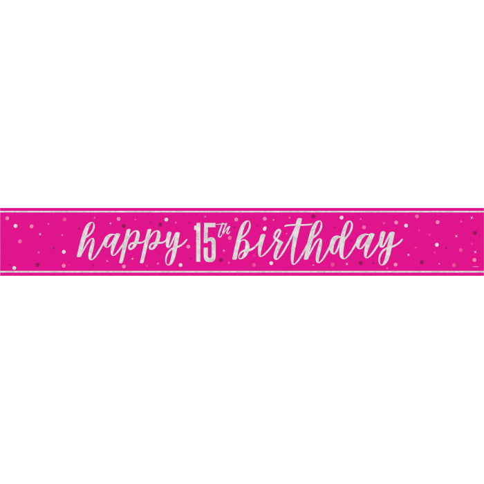 Pink Glitz 15th Birthday Prism Foil Banner 9 ft | Party Save Smile