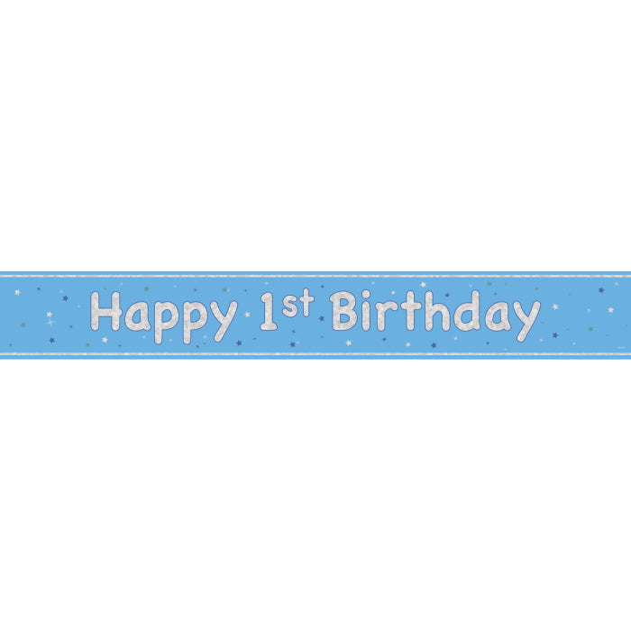 Blue and Silver 1st Birthday Prism Foil Banner 9 ft | Party Save Smile