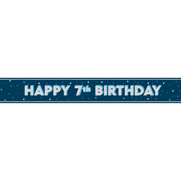 Navy Blue and Silver 7th Birthday Prism Foil Banner 9 ft | Party Save Smile