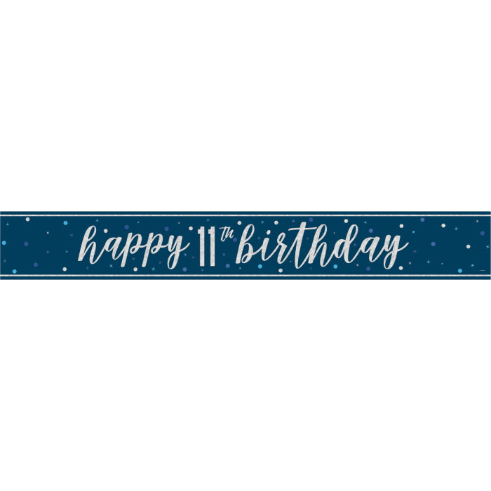 Navy Blue and Silver 11th Birthday Prism Foil Banner 9 ft | Party Save Smile