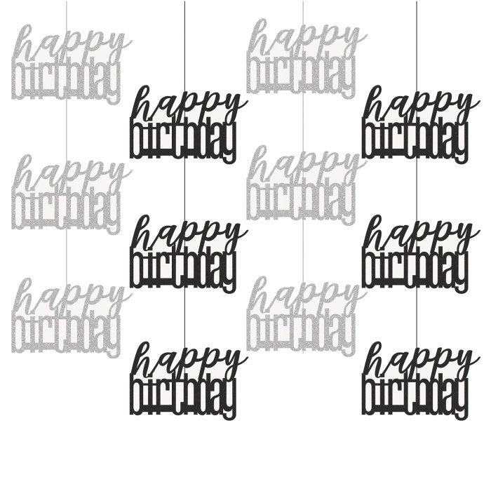 Black Silver Happy Birthday Hanging String Decoration 6 Pack | Party Save Smile