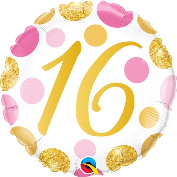 Pink and Gold Spots 16th Birthday Foil Balloon 18 inches | Party Save Smile