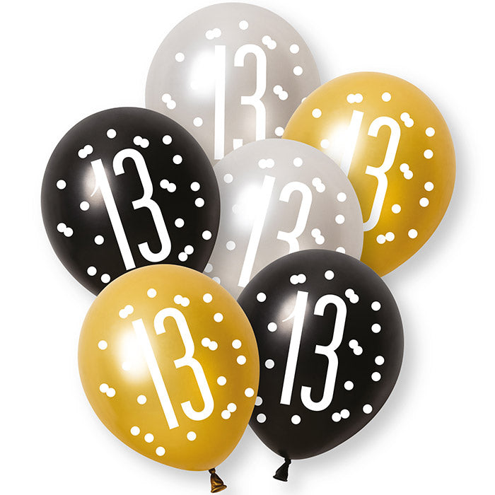 Black, Silver and Gold 13th Birthday Latex Balloons 6 Pack | Party Save Smile