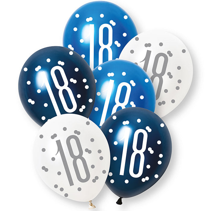 Blue and White 18th Birthday Latex Balloons 6 Pack | Party Save Smile