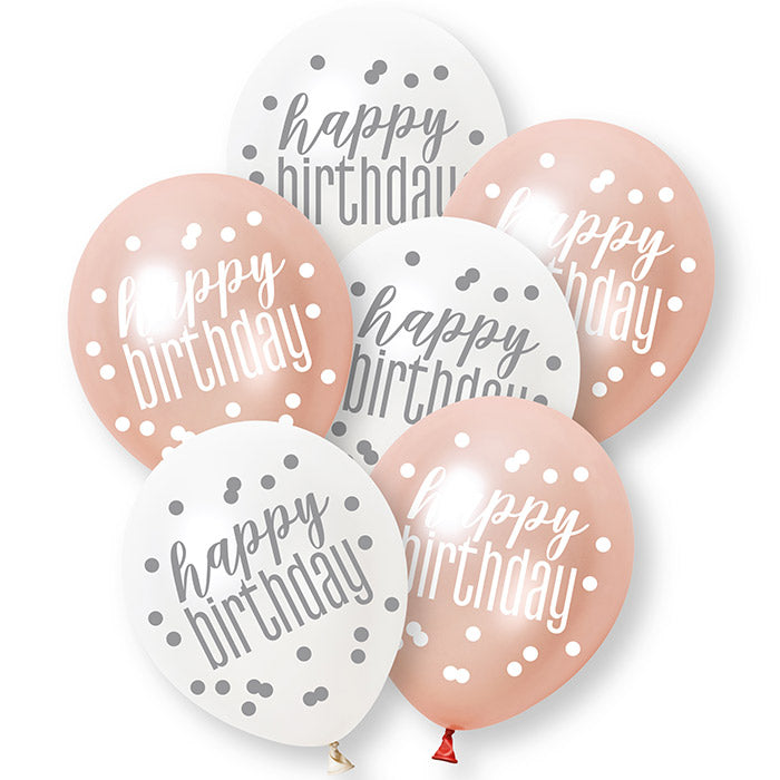 Rose Gold and White Happy Birthday Latex Balloons 6 Pack | Party Save Smile