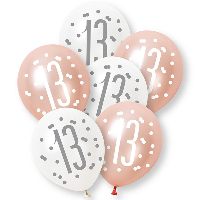 Rose Gold and White 13th Birthday Latex Balloons 6 Pack | Party Save Smile