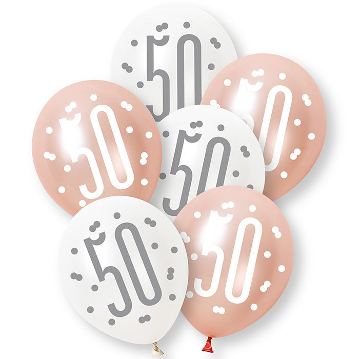 Rose Gold and White 50th Birthday Latex Balloons 6 Pack | Party Save Smile