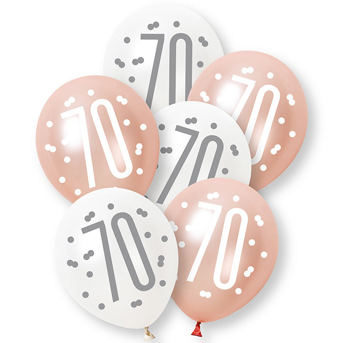 Rose Gold and White 70th Birthday Latex Balloons 6 Pack | Party Save Smile