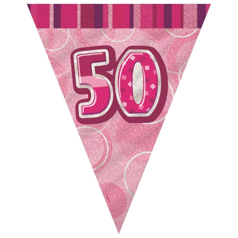 Pink Glitz 50th Birthday Bunting Flag Banner 9ft | Party Save Smile