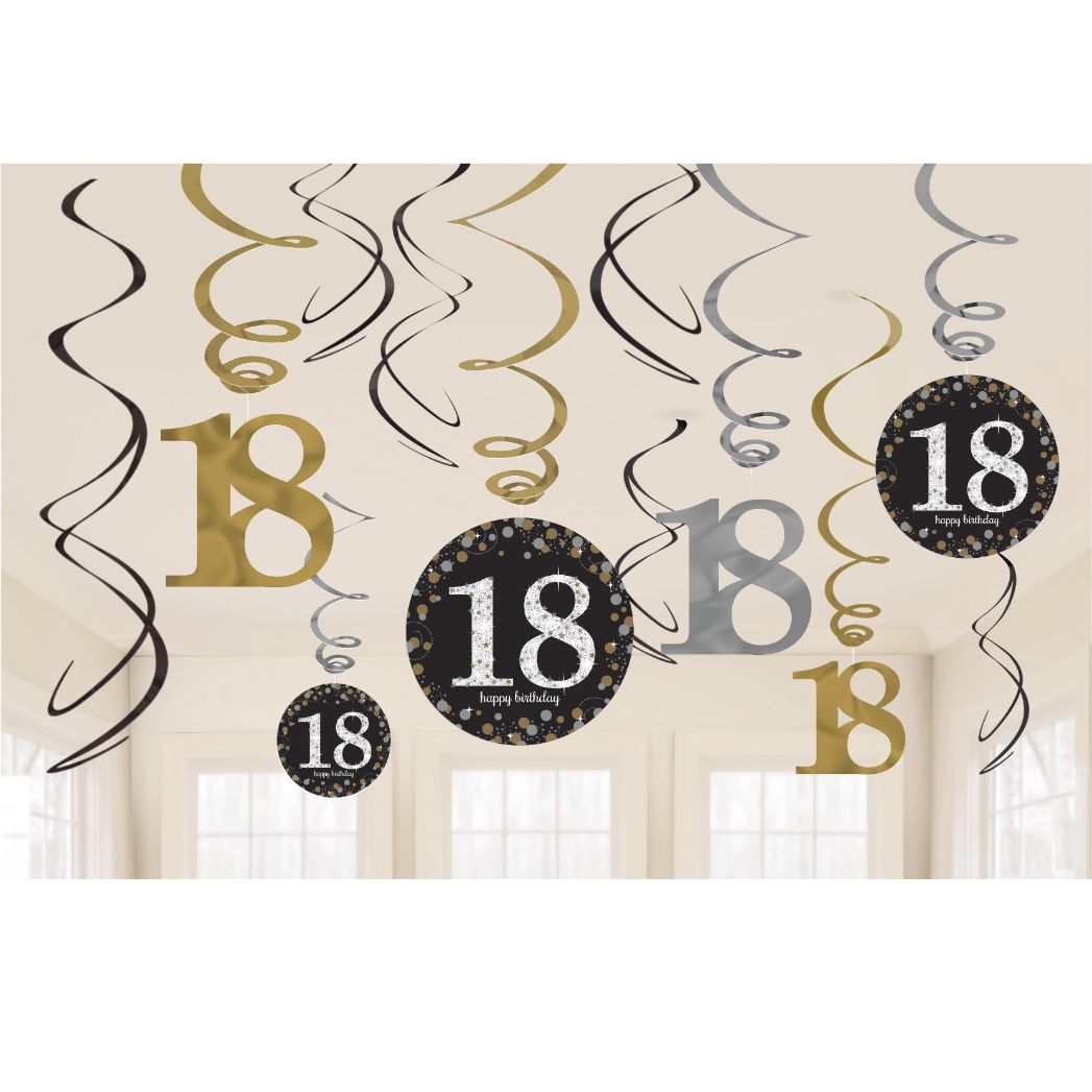 Gold Sparkling 18th Birthday Hanging Swirl Decorations 12 Pack | Party Save Smile