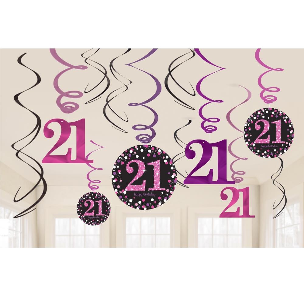 Pink Sparkling 21st Hanging Decorations Pack of 12 | Party Save Smile