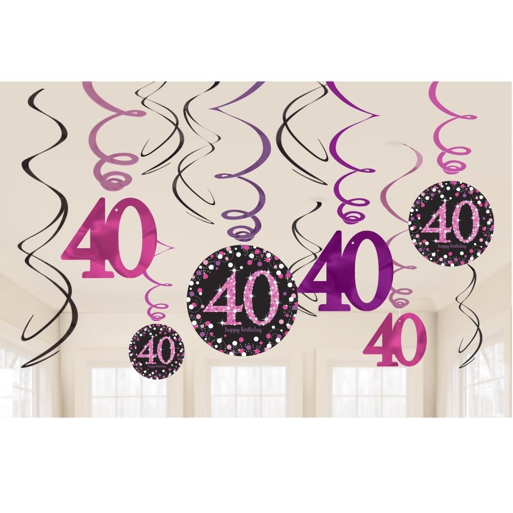 Pink Sparkling 40th Birthday Hanging Decorations Pack of 12 | Party Save Smile