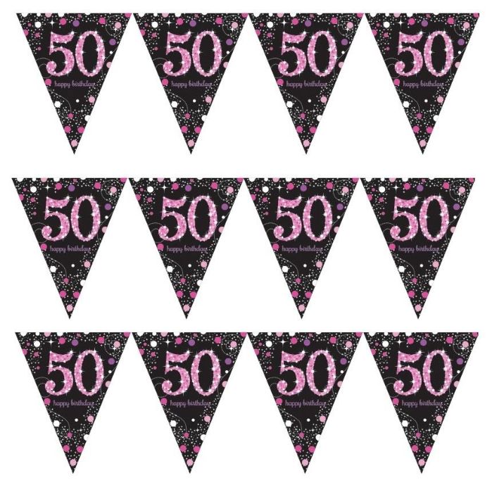 Pink Sparkle 50th Birthday Flag Banner Bunting | Party Save Smile
