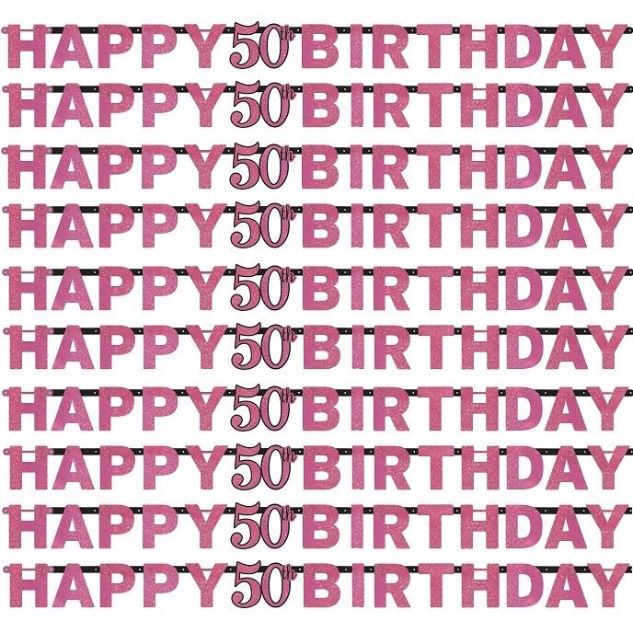 Pink Sparkle 50th Birthday Paper Letter Banner 2.1 Metres | Party Save Smile