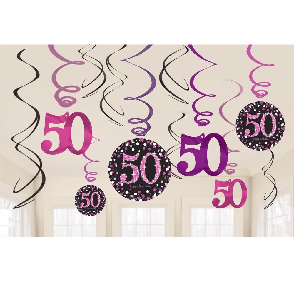 Pink Sparkle 50th Birthday Hanging Decorations Pack of 12 | Party Save Smile