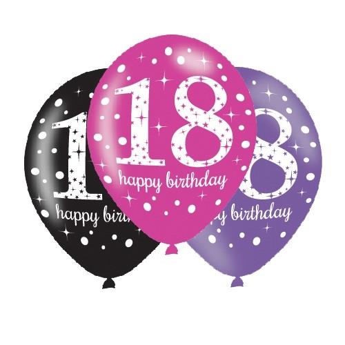 Pink Purple Black 18th Birthday Latex Balloons 6 Pack | Party Save Smile