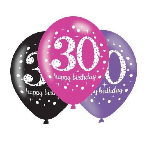 Pink Sparkle 30th Birthday Latex Party Balloons Pack of 6 | Party Save Smile